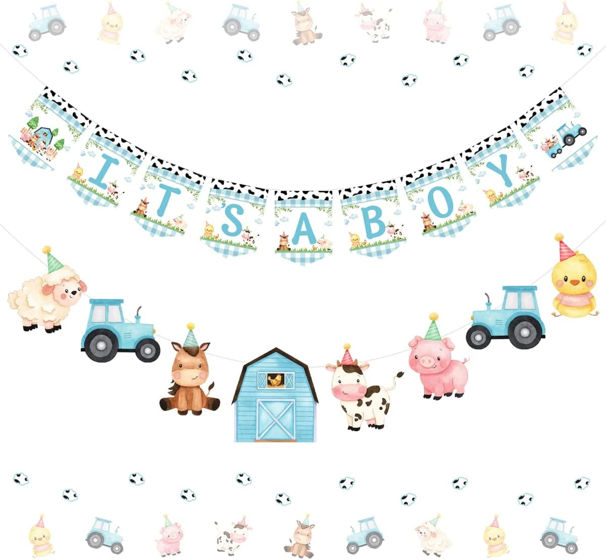 Kreatwow Fattoria Animale a Tema Ghirlanda e Banner per Baby Shower Ragazzo Blu