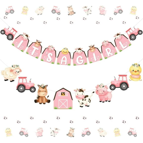 Farm Animal Baby Shower Decorations It’s a Girl Banner for Girls Farm Animal Themed Garland Baby Pink Photo Photograph Banner for Barnyard Party decoration
