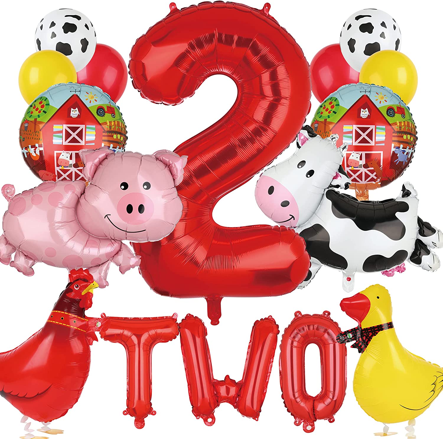 Farm Animal Balloons Cow, Pig, Duck, Rooster Balloons and Letter Banner for 2nd Birthday Party