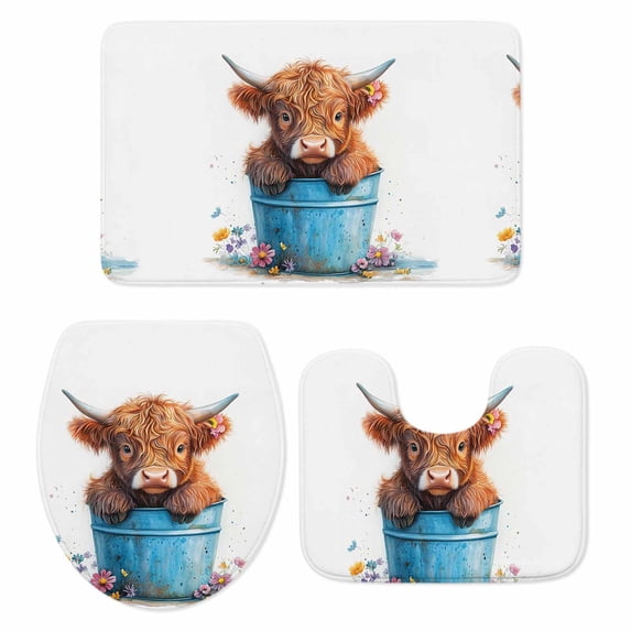 Farm Animal Bathroom Rugs Set Brown Cow Blue Bucket Flower Country Non ...