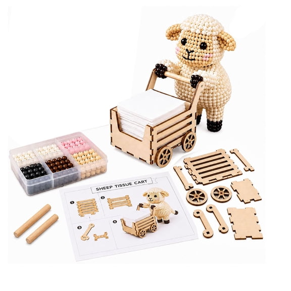 Farm Animal Bead Tissue Box DIY Kit – Lamb Shape Wooden Craft Set with Colorful Beads, Easy Assembly for Adults & Kids, Rustic Home Decor & Desk Organizer