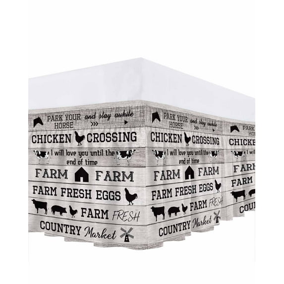 Farm Animal Bed Skirt Queen Size 16" Drop Cattle Pig Chicken Retro Wood Texture Ruffled Wrap Around Bed Skirts Adjustable Elastic Bedskirt Dust Ruffle for Queen Size Bed