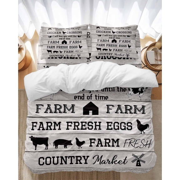 Farm Animal Bedding Duvet Cover Set Full Size 4 Pieces Cattle Pig Chicken Retro Wood Texture Bedding Set with Zipper Closure, 1 Comforter Cover 86x86 Inches 1 Flat Sheet & 2 Pillow Cases