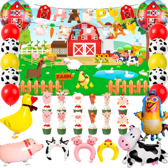 Farm Animal Birthday Decorations, 49pcs Farm Party Decorations - Balloons Backdrop Cupcake Toppers Head Hoop etc Birthday Decorations Supplies