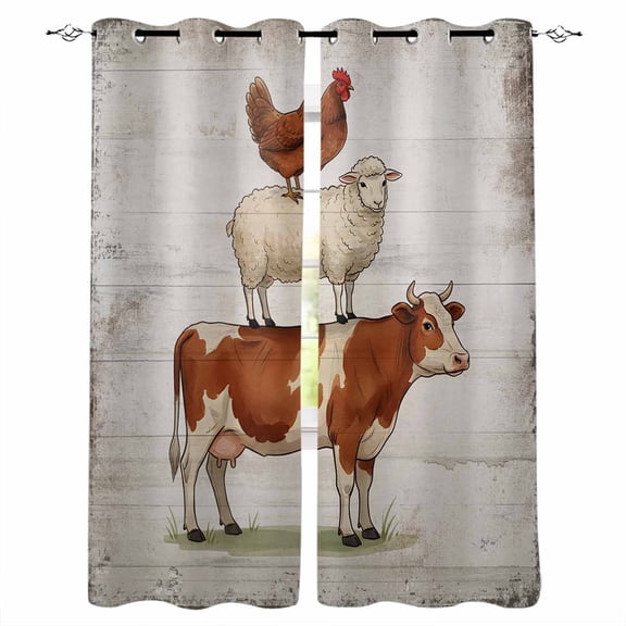 Farm Animal Blackout Curtains 63 Inch Length Hen Sheep Cow Vintage White Wood Striped Country Thermal Insulated Window Curtain Window Drapes 2 Panels for Bedroom Living Room 42"Wx63"L