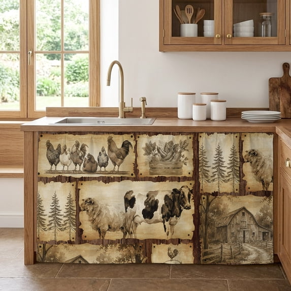 Farm Animal Cabinet Curtains for Kitchen 32"Wx55"L, Retro Chicken Cow Sheep Pig Pine Trees Silhouette Farmhouse Pantry Curtain Skirt Magic Tape Curtains Privacy Panel for Utility Closet Bathroom