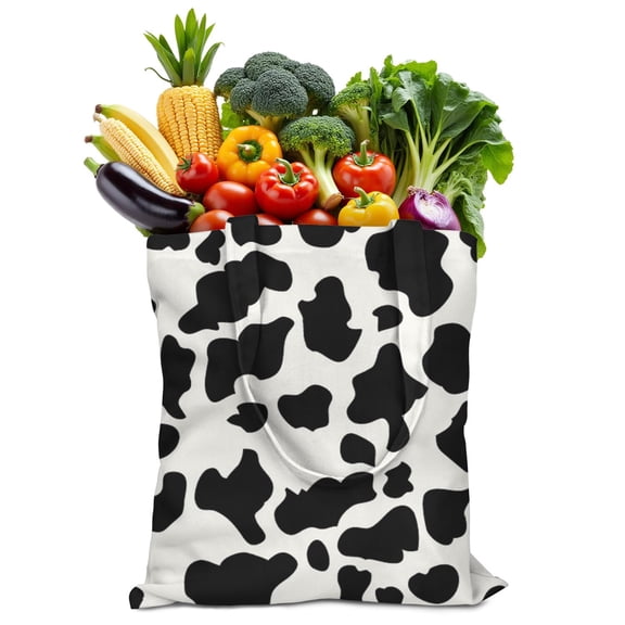 Farm Animal Canvas Tote Bag - Black and White Cow Pattern Reusable Grocery Bag, Durable Foldable & Spacious for Eco-Conscious Shoppers (Machine Washable)