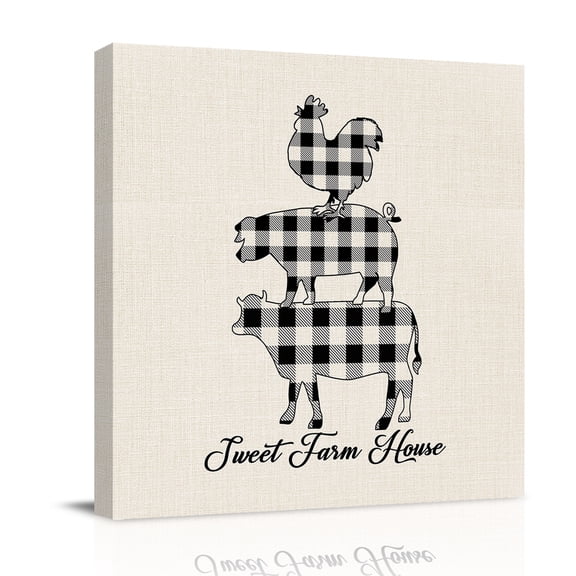 Farm Animal Canvas Wall Art for Living Room, Buffalo Plaid Cow Pig Chicken Burlap Background Poster Print Painting for Bedroom Office Home Decoration Wall Pictures Prepare To Hang 8"x8"