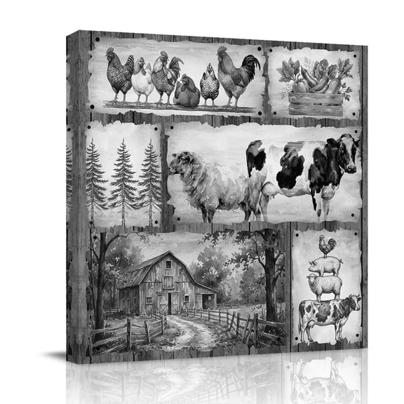 Farm Animal Canvas Wall Art for Living Room, Grey Chicken Cow Sheep Pig Pine Trees Silhouette Farmhouse Poster Print Painting for Bedroom Office Home Decoration Wall Pictures Prepare To Hang 8"x8"