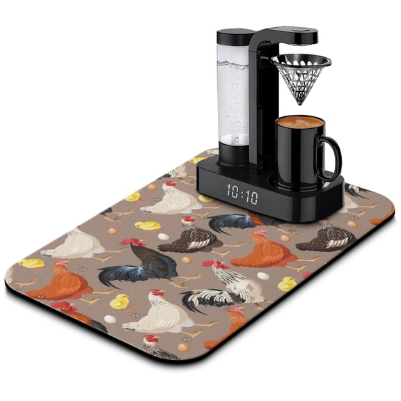 Farm Animal Coffee Maker Mat - Non-Slip 4-Layer Mat with Rooster and Floral Pattern