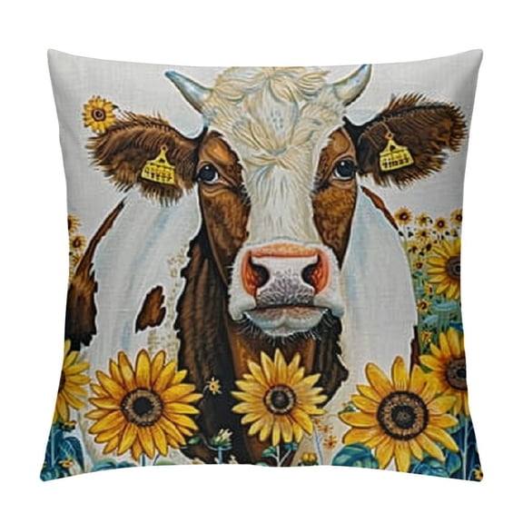 Farm Animal Cow Cattle Throw Pillow Cover, Farmhouse Animal Sunflower with Funny Cow Yellow Decorative Pillow Case Home Decor Square Pillowcase