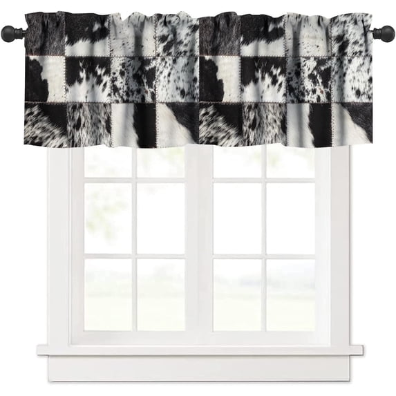 Farm Animal Cow Fur Vintage Window Valance,Black White Country Western Wildlife Fur Patchwork Curtains for Bedroom Living Room Kitchen Cafe,1 Panel 54" x 18"