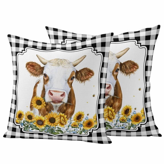Farm Animal Cow Pillow Covers 2 Pack Black Plaid Sunflower Floral Country Pillowcase Waterproof Outdoor Throw Pillow Cover for Patio Garden Square Cushion 26”x26”