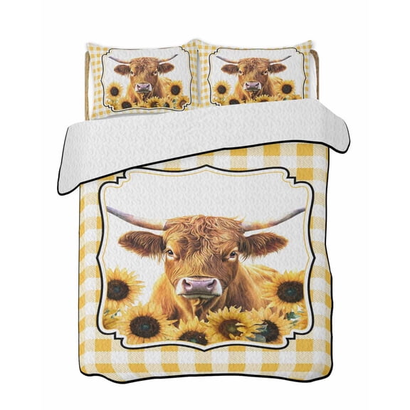Farm Animal Cow Quilts Bedding Set Queen Size Yellow Plaid Sunflower Floral Country Style Lightweight Quilted Bedspread 3 Piece Bed Quilt with 2 Pillow Shams All Season for Bedroom 78" x 90"