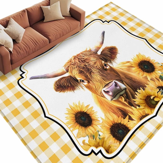 Farm Fresh Rug Farm Animal Cow Washable Area Rug 5 x 7 ft Yellow Plaid Sunflower ...