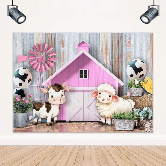 Farm Animal Cute Backdrop Western Cowgirl Farmhouse Cow Sheep Barn Wood Board Cartoon for Kids Baby Shower Photography Background Birthday Decorations Photo Booth Studio Prop Fabric