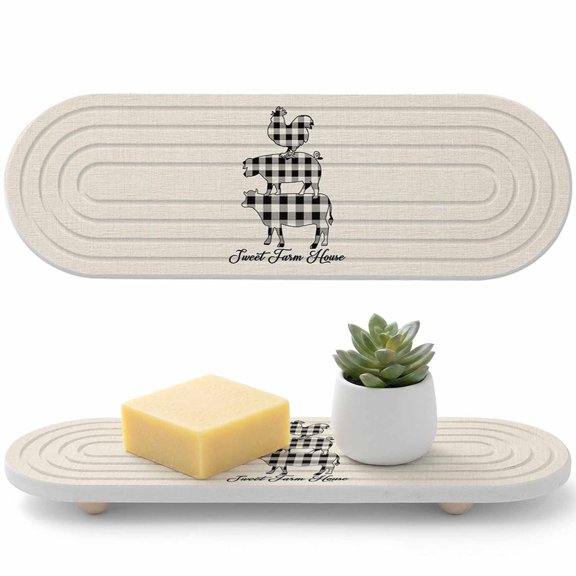 Farm Animal Diatomaceous Earth Coasters, Buffalo Plaid Cow Pig Chicken Burlap Background Water Absorbent Diatomite Coaster, Bathroom Tray Stone Dish Drying Mat Kitchen Sink Tray 12x4in