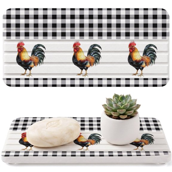 Farm Animal Diatomaceous Earth Coasters, Rooster Black White Buffalo Plaid Country Water Absorbent Diatomite Coaster, Bathroom Tray Stone Dish Drying Mat Kitchen Sink Tray 8.3x4in