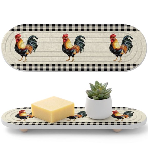 Farm Animal Diatomaceous Earth Coasters, Rooster Linen Texture Buffalo Plaid Country Water Absorbent Diatomite Coaster, Bathroom Tray Stone Dish Drying Mat Kitchen Sink Tray 12x4in