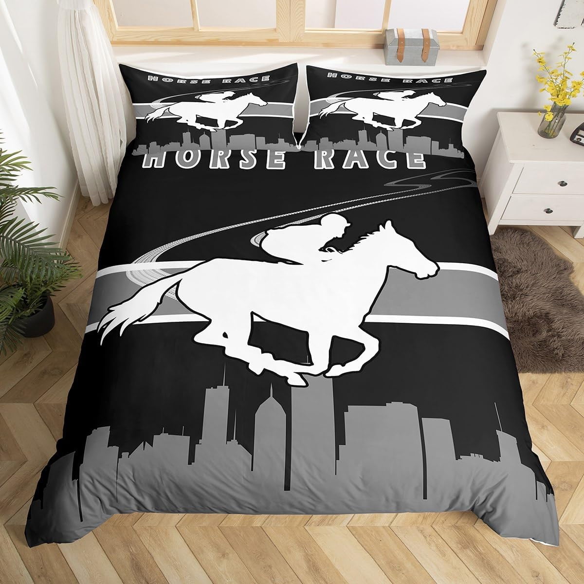Farm Animal Duvet Cover Horse Race Bedding Sets,Black Grey Gray