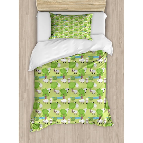 Farm Animal Duvet Cover Set, Cartoon with Sad Sheep in Forest with Trees and Pond, Decorative 2 Piece Bedding Set with 1 Pillow Shams, Twin Size, Pale Green Multicolor, by Ambesonne