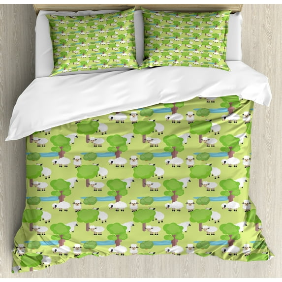 Farm Animal Duvet Cover Set, Cartoon with Sad Sheep in Forest with Trees and Pond, Decorative 3 Piece Bedding Set with 2 Pillow Shams, King Size, Pale Green Multicolor, by Ambesonne