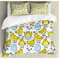 thumbnail image 1 of Farm Animal Duvet Cover Set, Chick and Cracked Easter Egg with Daisy Motifs and Small Dots, Decorative 3 Piece Bedding Set with 2 Pillow Shams, King Size, Yellow Pale Blue White, by Ambesonne, 1 of 3
