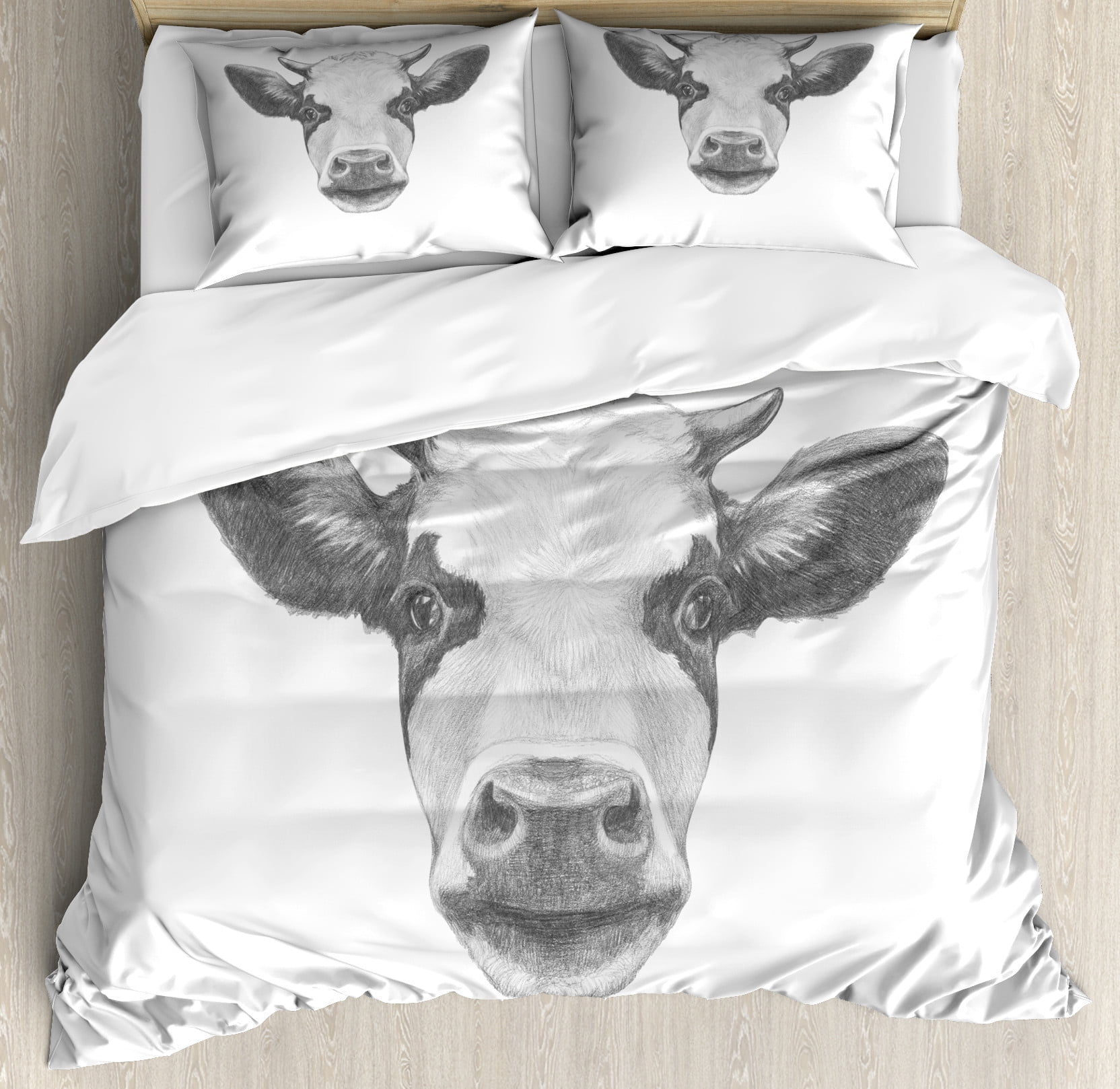 Farm Animal Duvet Cover Set, Detailed Hand Drawn Sketch Portrait of Cow ...