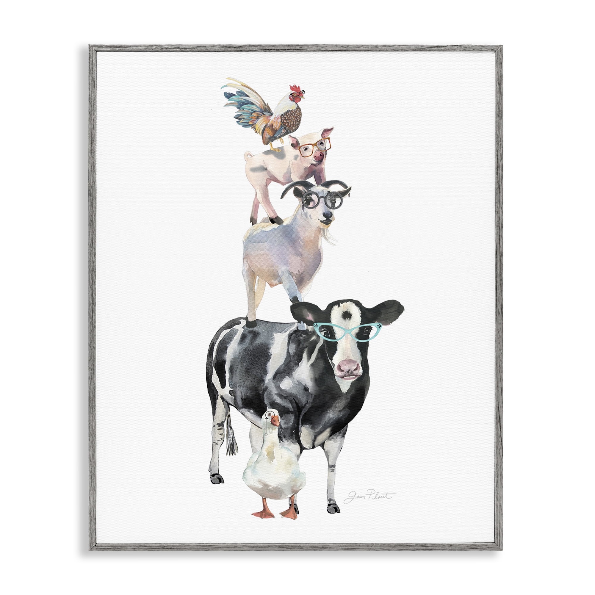 Farm Animal Family Gray Framed Giclee Art, design by Jean Plout