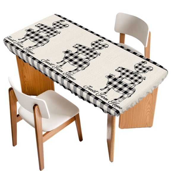 Farm Animal Fitted Rectangle Tablecloth 24" x 50" Buffalo Plaid Cow Pig Chicken Elastic Table Cloth Fits for 4 Foot Folding Tables Waterproof Table Cover for Picnic Camping Outdoor