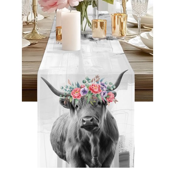 Farm Animal Floral Wreath Highland Cattle Table Runners 36 Inches Long Kitchen Dining Table Runner Dresser Scarves for Party Coffee Holiday Party Decor