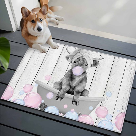 Farm Animal Front Door Rugs 2x3 ft Gray Shower Cap Tub Funny Calf Cow Cute Bubble Wood Grain Small Rug for Entryway Non Slip Washable Bathroom Door Mat Absorbent Floor Mat for Indoor Entrance