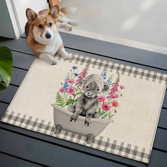 Farm Animal Front Door Rugs 2x3 ft Gray Shower Cap Tub Funny Calf Cow Farmhouse Floral Linen Small Rug for Entryway Non Slip Washable Bathroom Door Mat Absorbent Floor Mat for Indoor Entrance