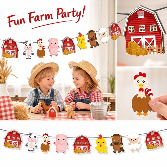 Farm Animal Happy Birthday Banner with Cute Cat Paws, Colorful Paper Pulling Flag Garland for Kids 1st Birthday Baby Shower Pet Party Decor Nursery Wall