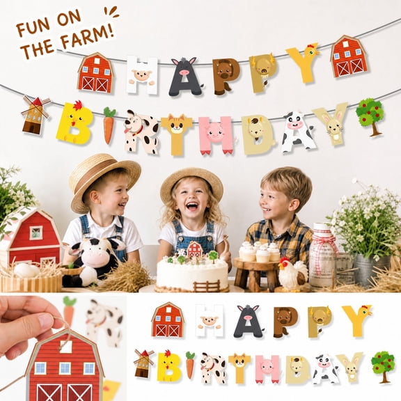 Farm Animal Happy Birthday Banner, Cute Cow Pig Chicken Frog Garland for Kids 1st 2nd 3rd Birthday Party Decorations, Kindergarten Classroom & Pet Birthday Supplies, Multicolor Paper Bunting