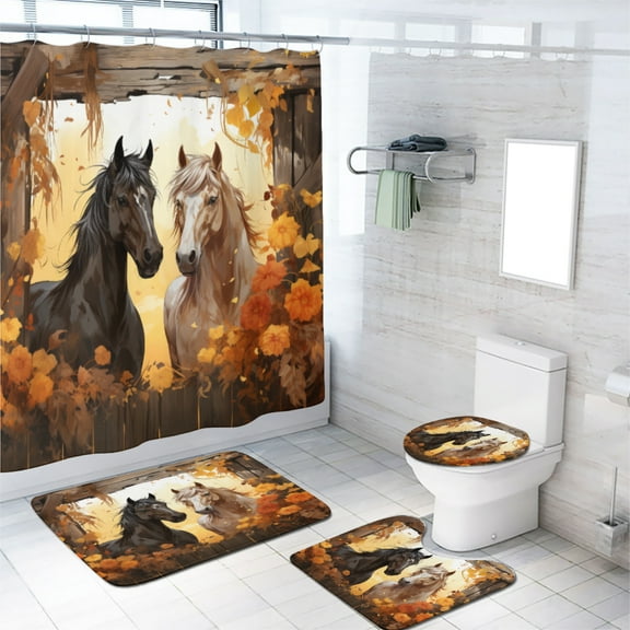 Farm Animal Horse 4 Pcs Shower Curtain Set Rustic Farmhouse Yellow Floral Sunflower with Toilet Lid Cover and Bath Mat, Waterproof Shower Curtain with 12 Hooks, 72x72 Inch