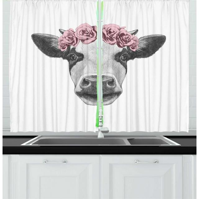 Farm Animal Kitchen Curtains, Sketchy Portrait of Cow with Roses Wreath, Two Panels Drapes with