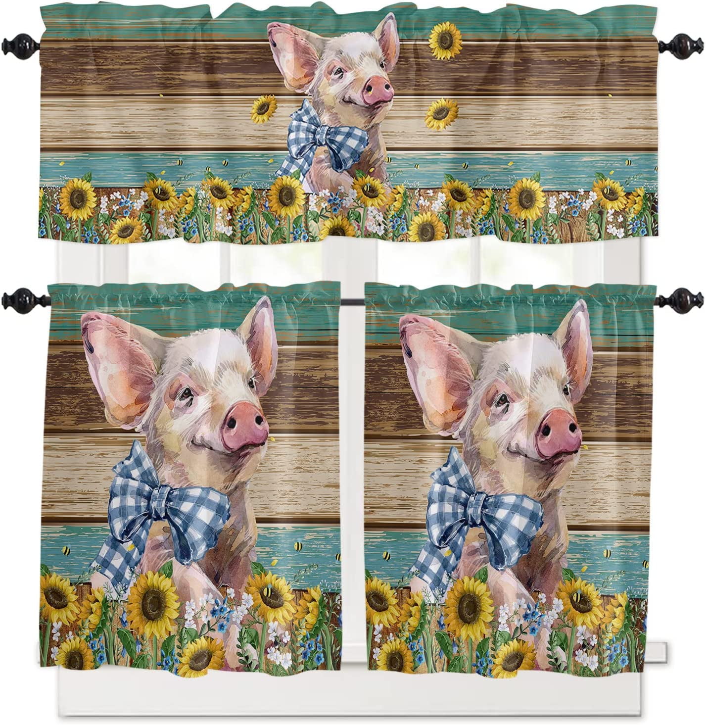 Farm Animal Kitchen Curtains Tiers and Valance Set 3 Piece for Windows