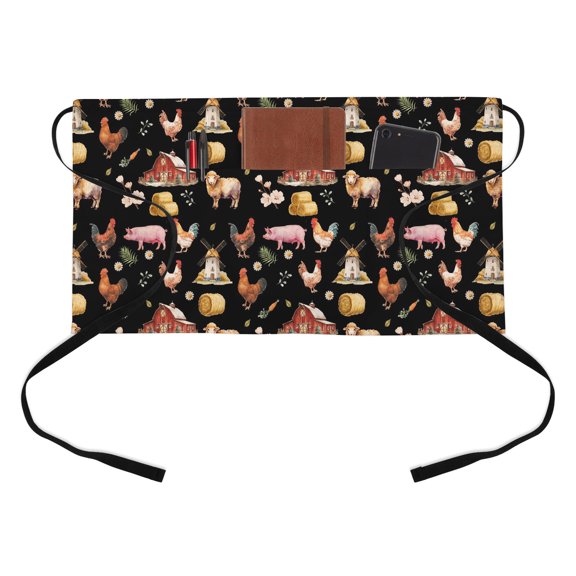 Farm Animal Kitchen Restaurant Half Waist Apron, Farmhouse Red Barn Sheep Pigs Rooster Country Black Server Short Apron with 3 Pockets Waterproof Oil Waist Aprons for Women Waitress Waiter