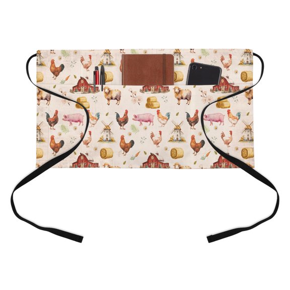 Farm Animal Kitchen Restaurant Half Waist Apron, Farmhouse Red Barn Sheep Pigs Rooster Country Linen Texture Server Short Apron with 3 Pockets Waterproof Oil Waist Aprons for Women Waitress Waiter