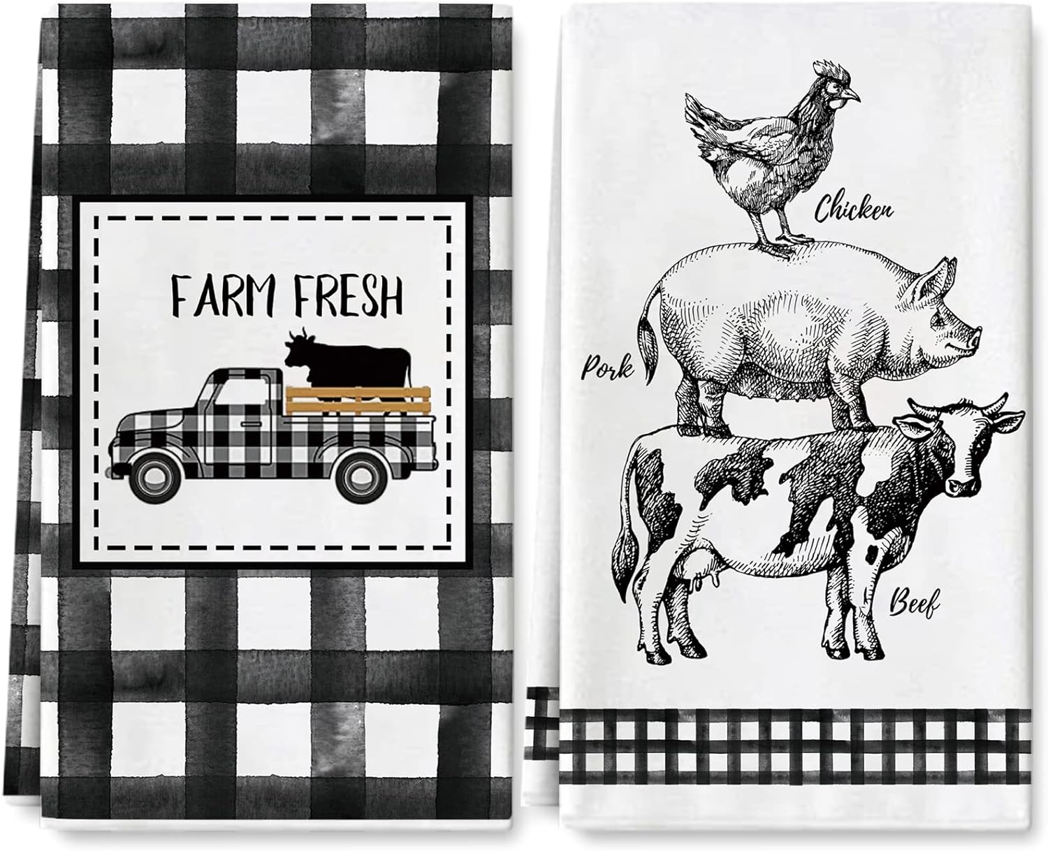 Farm Animal Kitchen Towel Farmhouse Buffalo Plaids Dish Towel 18 x 28