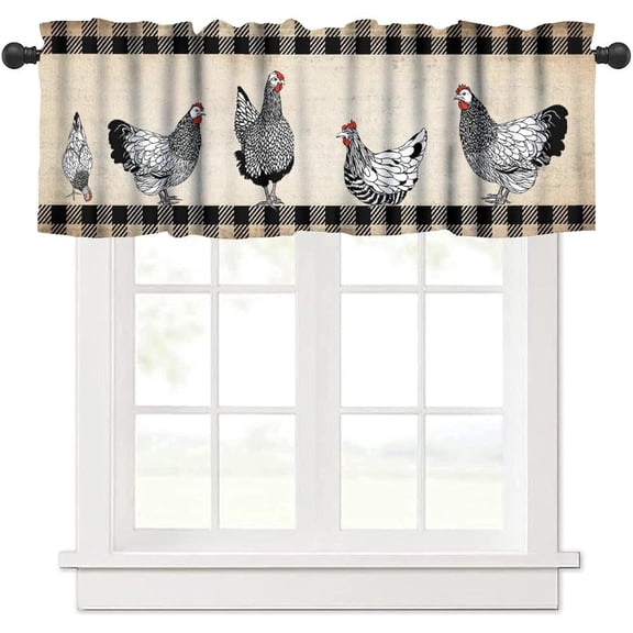 Farm Animal Kitchen Valance, Rooster Chicken Hen Black White Buffalo Plaid Farmhouse Chick Country Cabin Window Treatment Valances for Home Bedroom Living Kitchen Café Décor 54x18inch