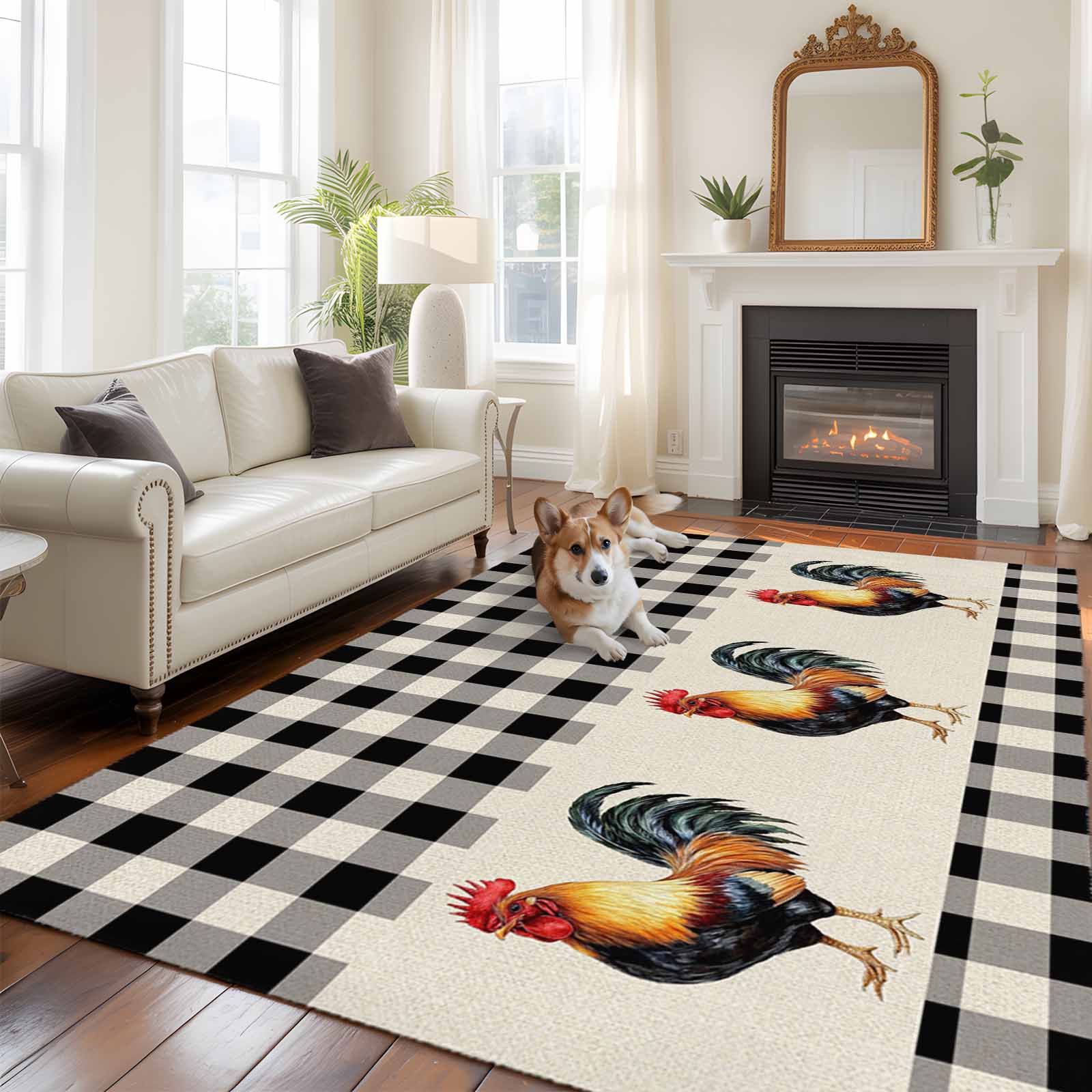 Rooster Rug Farm Animal Large Area Rugs 6x9 ft Rooster Linen Texture Buffalo Plaid ...