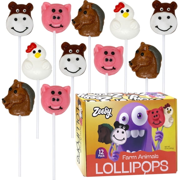 Farm Animal Lollipops 12 Pack, Individually Wrapped Suckers, Cow Rooster Horse and Pig Shapes
