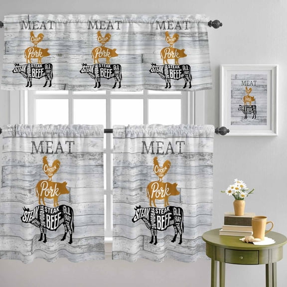 Farm Animal Meat Curtain Tier and Valance Set 3 Piece, Vintage Chicken Pork and Beef on Wood Board 3-inch Rod Pocket Window Tier Curtains Valance for Kitchen Living Room