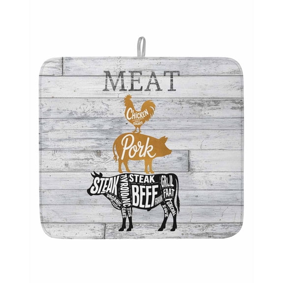 Farm Animal Meat Dish Drying Mats for Kitchen Counter,Absorbent Microfiber Dish Drainer Rack Mat Vintage Chicken Pork and Beef on Wood Board Drying Pad for Sinks,Utensils,Countertops,16x18in