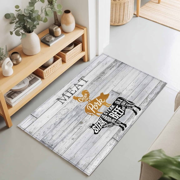 Farm Animal Meat Rectangle Rug 2'x3' Vintage Chicken Pork and Beef on Wood Board Washable Area Rugs for Living Room Bedroom Entryway Non Slip Entrance Door Mat Indoor Floor Carpet