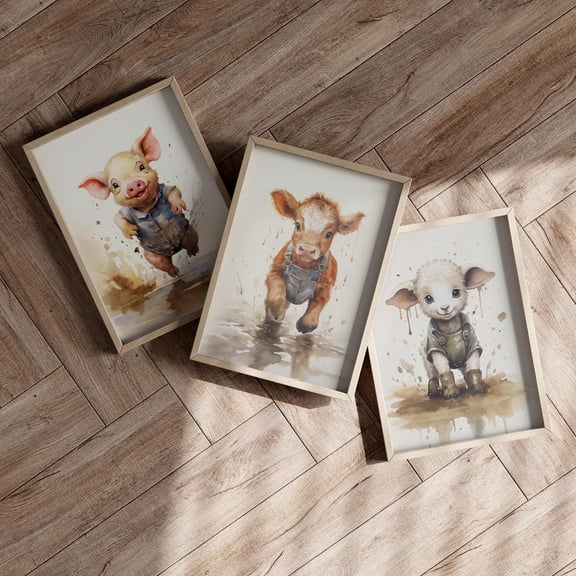 Farm Animal On The Mud Wall Art Pig Sheep Cow Unique Baby Whimsical House Set 3 Unframed Paper Print