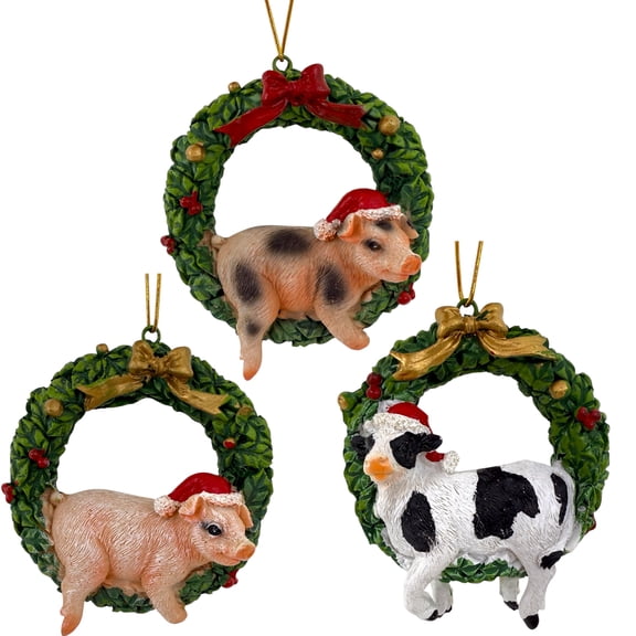 Farm Animal Ornaments Cow and Pig Christmas Tree Holiday Decoration, Set of 3