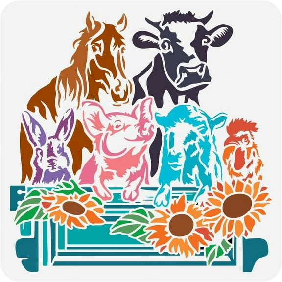 Farm Animal Painting Stencil 11.8x11.8inch Reusable Animals Sunflower Pattern Drawing Template Cows Sheep Horse Rabbit Pig Hen Decor Stencil